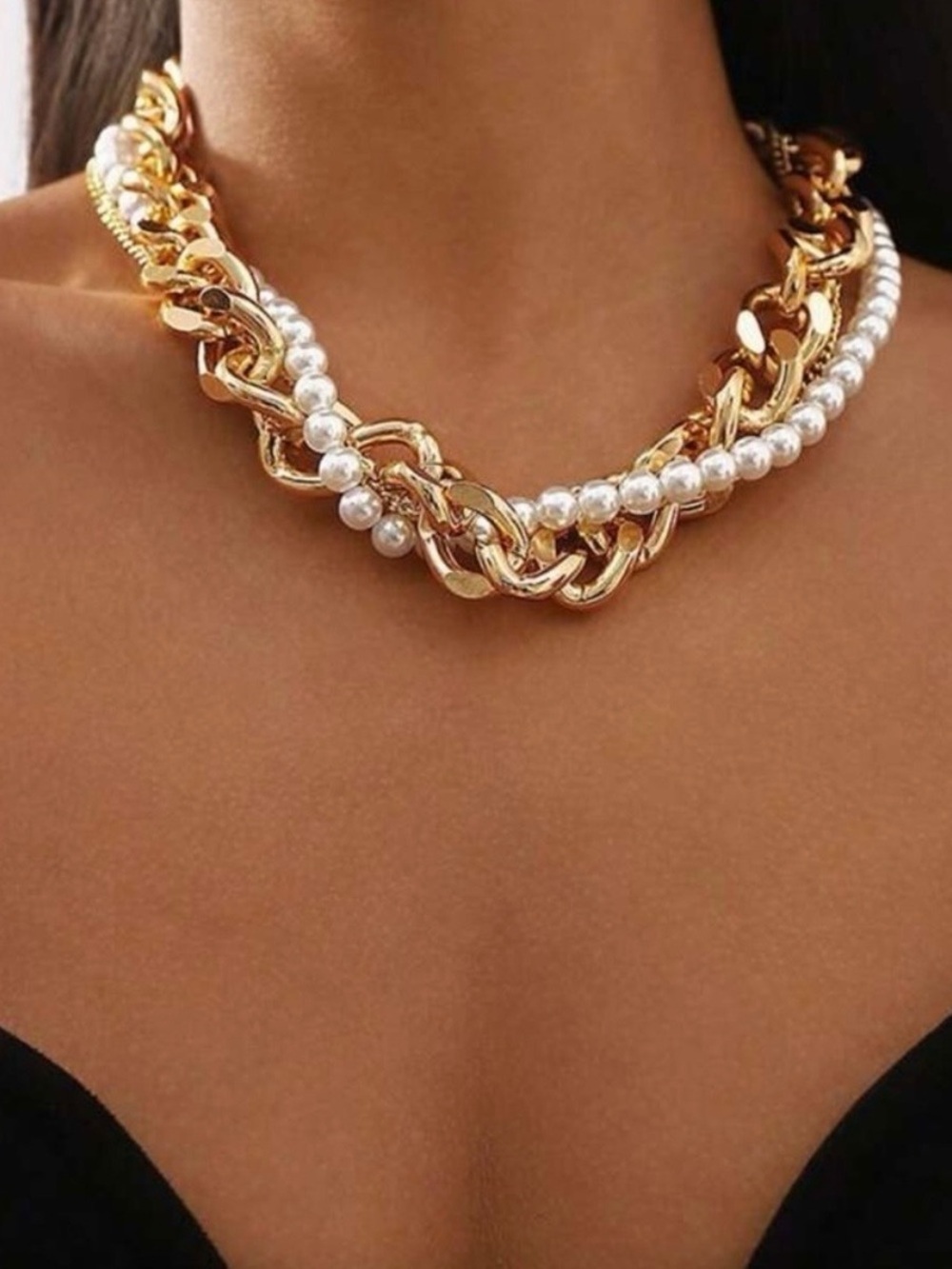 Gold and White Pearl Mixed-Chain Necklace